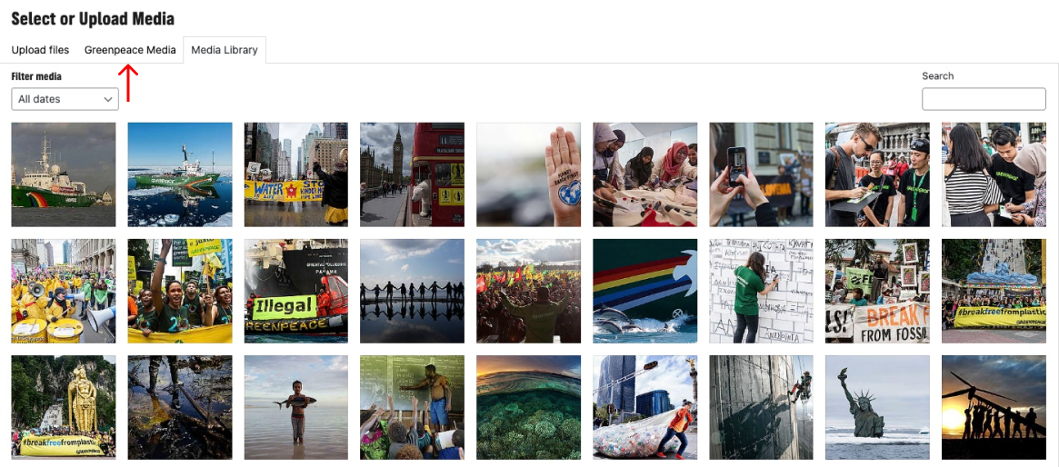 69155390-select-or-upload-media Screenshot of Media Library popup with an arrow pointing to the Greenpeace Media tab in the top panel.