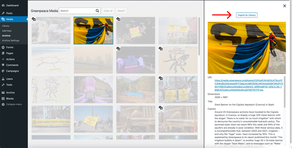 Image of the Greenpeace Media with the arrow pointing to the import to library button. 
