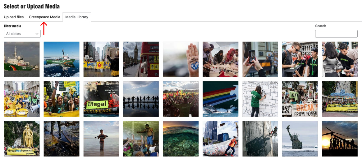 Screenshot of Media Library popup with an arrow pointing to the Greenpeace Media tab in the top panel.
