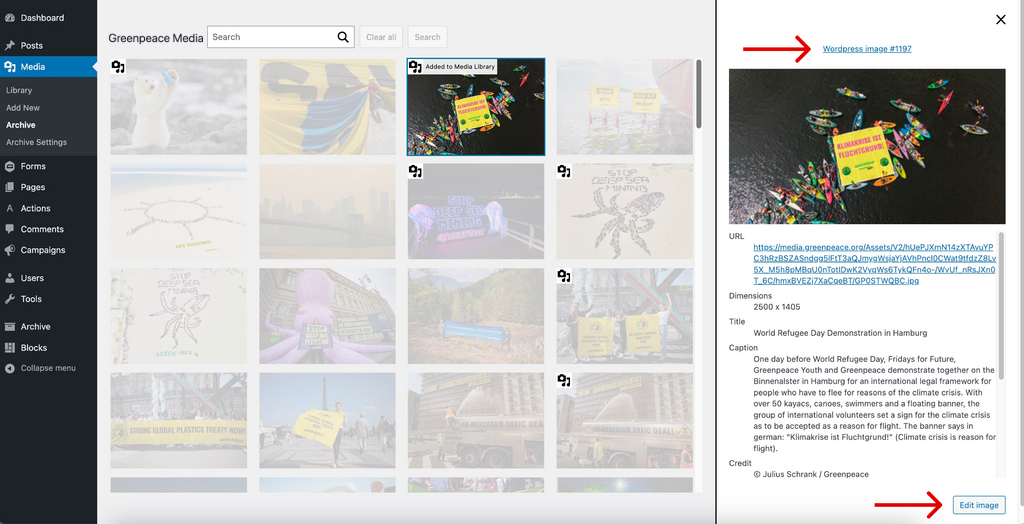 Image of the Greenpeace Media with the arrows pointing to the image # link and the edit image buttons. Both are options for editing images and will take you to the Media Library Editor.