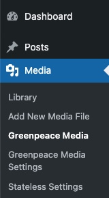 Screenshot of the admin panel with Media selected and the dropdowns underneath displayed. Greenpeace Media is the third option and is bolded. 