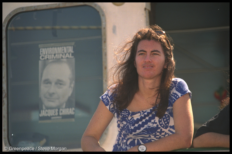 Greenpeace Nuclear Test Ban Campaigner Stephanie Mills aboard SV Rainbow Warrior II, in Tahiti, August 1995 [photo by Steve Morgan]