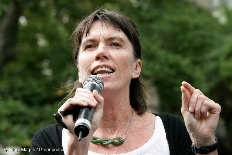 Greenpeace New Zealand's Executive Director Bunny McDiarmid speaks to a large crowd of over 40,000 people after marching against the New Zealand Government's plans to mine thousands of hectares of prime conservation land, including National Parks, May 1st 2010.