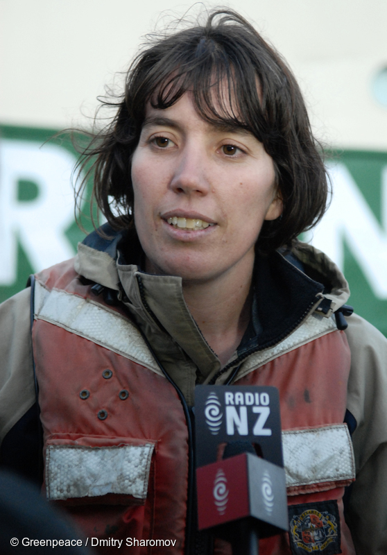 Carmen Gravatt at the ship action blocking the Hellenic sea coal ship, in Lyttleton, New Zealand.