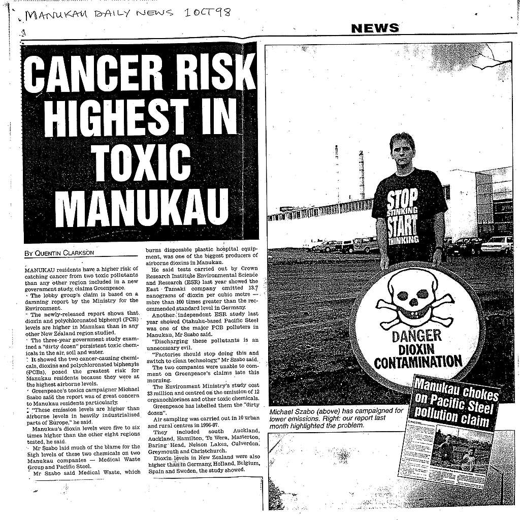19 October 1998: A Manukau Evening News report published shortly before Greenpeace’s direct action closing down the South Auckland toxic waste incinerator, in which Toxics Campaigner Michael Szabo warns local residents and workers of the link between dioxin and cancer