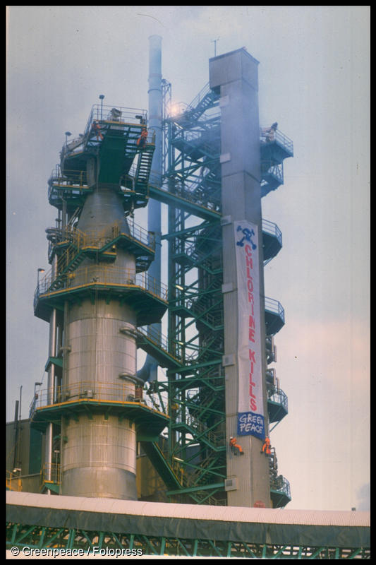 Banner on TASMAN PULP AND PAPER MILL action against chlorine bleached pulp and paper.