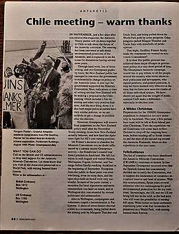 25 August 1990 Prime Minister Geoffrey Palmer meets Greenpeace activists dressed as penguins at Parliament. That day the NZ Govt dropped its support for mining in Antarctica