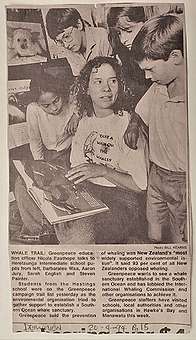 April 1994 Greenpeace Mana Tangata education liaison Nicola Easthope at Heretaunga Intermediate School during the Southern Ocean Whale Sanctuary tour
