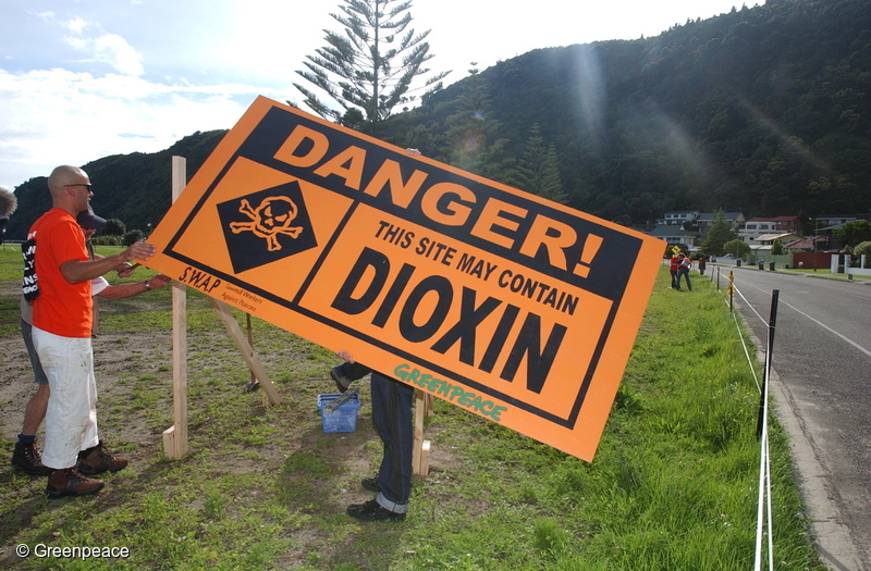 Greenpeace and Sawmill Workers Against Poisons (SWAP) placed signs on confirmed and suspected dioxin contaminated sites around Whakatane. The signposting draws attention to at least 25 sites around the Whakatane area, which may have had dioxin contaminated waste dumped on them from the disused sawmill site and the Whakatane Board Mill. The groups want these sites to be tested for dioxin and other dangerous chemicals.