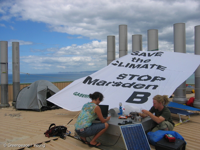 Greenpeace activists, seen here during day two, of their occupation of the ‘Marsden B’ coal fired power station in Ruakaka, New Zealand. The protest is against Mighty River Power's proposal to convert the power station into a coal fired power station which will emit 2 million tonnes of climate changing carbon dioxide each year.
