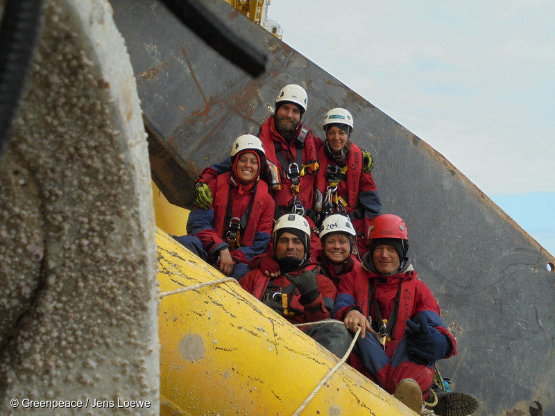 Group portrait of six Greenpeace activists before they return from a six-day protest on board the Polar Pioneer oil rig in the Pacific Ocean. The six are (L-R): Aliyah Field (27) of the USA, Andreas Widlund (27) of Sweden, Johno Smith (32) of New Zealand, Miriam Friedrich (23) of Austria, Zoe Buckley Lennox (21) of and Jens Loewe (46) of Germany. The climbers have intercepted the Arctic-bound Shell oil rig in the middle of the Pacific Ocean, 750 miles north-west of Hawaii and have scaled the 38,000 tonne platform. Shell intends to use the rig to drill for oil in the Chukchi Sea.