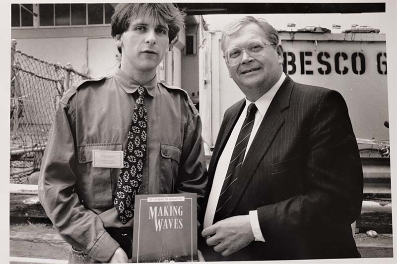 October 1999 Author Michael Szabo and former NZ prime minister David Lange, Making Waves book launch, MV Gondwana, Auckland December 1991