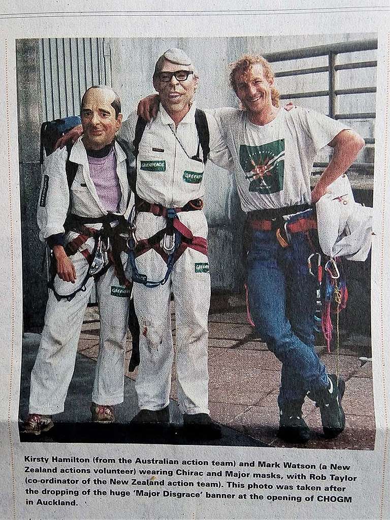 10 November 1995 Greenpeace NZ Actions Coordinator Rob Taylor with Kirsty Hamilton and Mark Watson after the Major Disgrace banner hanging action