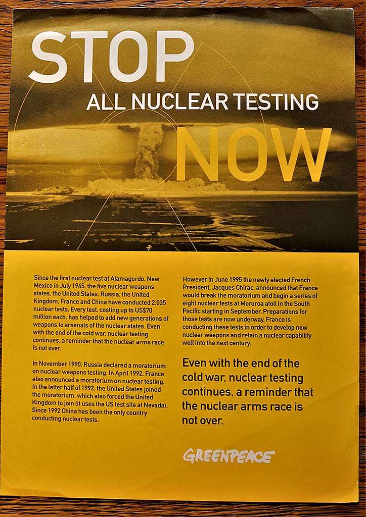 17 April – 12 May 1995 Greenpeace campaign factsheet on the NPT meeting warning that indefinite extension without reforms could spark a resumption of nuclear weapons testing