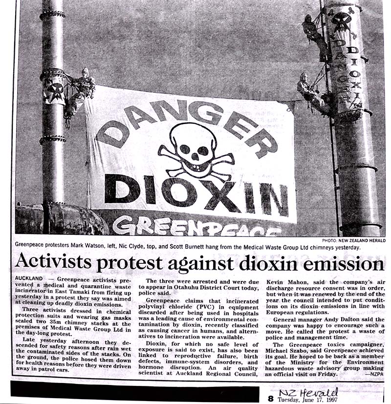 16 June 1997 This report with photo on Greenpeace activists shutting down a South Auckland toxic waste incinerator was published in the NZ Herald