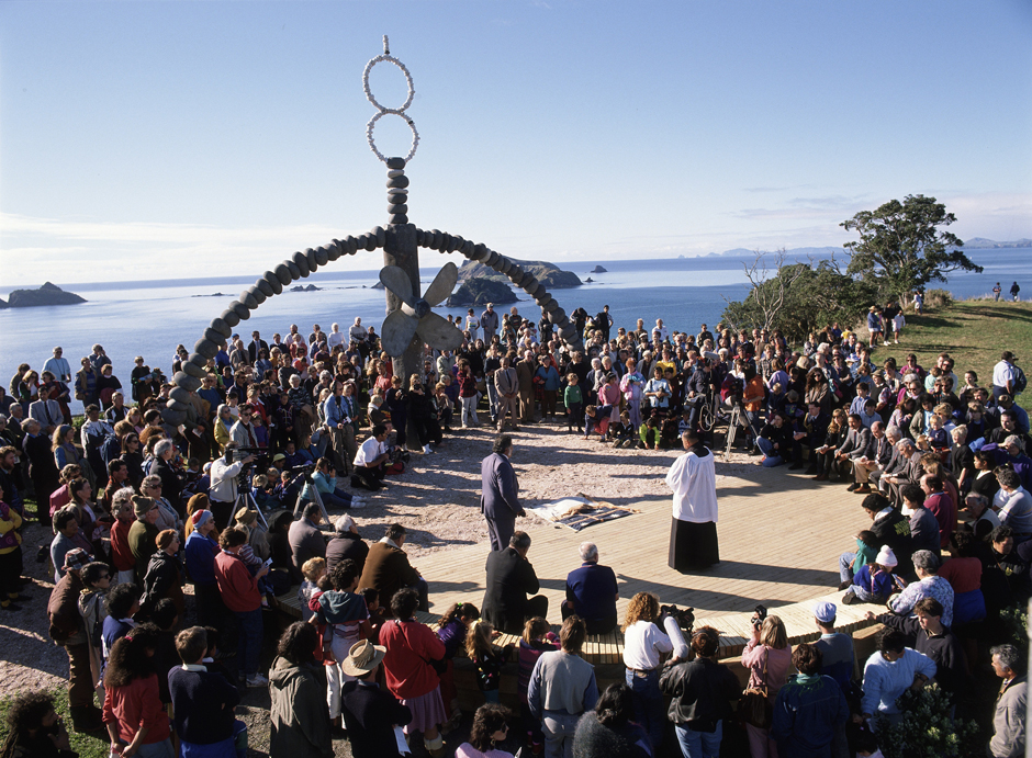 Unveiling the Rainbow Warrior memorial by Chris Booth at Matauri bay in Northland