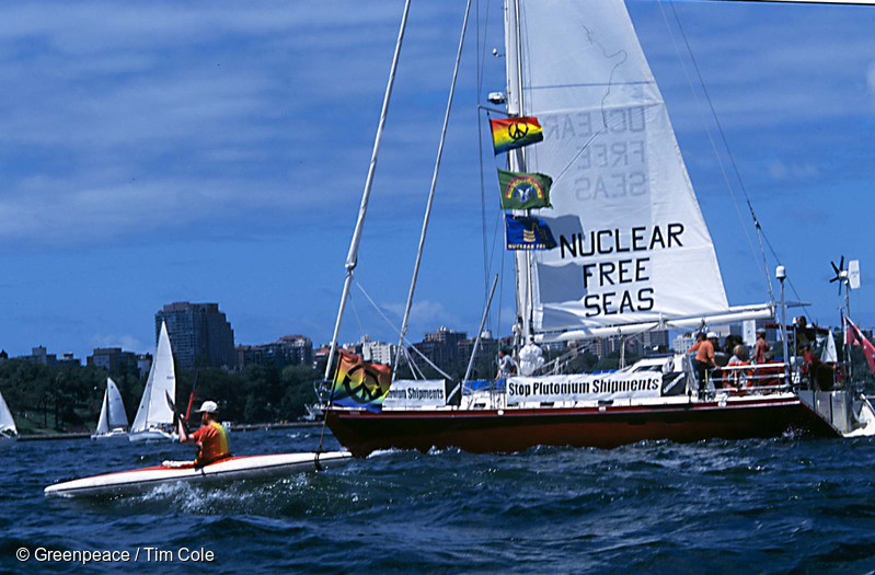 SV Tiama sails out of Sydney Harbour in February 2001 to confront a Plutonium shipment in the Tasman Sea