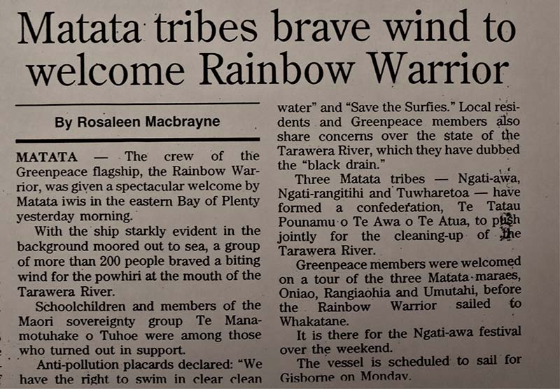 14 June 1996 Hundreds of local people welcomed the crew of SV Rainbow Warrior II on the beach at Matata by the Tarawera River