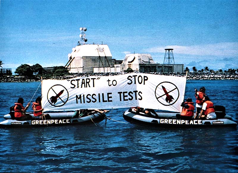 14 May &ndash; 1 June 1990 Greenpeace protest at the Meck Island 'Star Wars' missile test site at Kwajalein Atoll in the Marshall Islands. Photo by Lorette Dorreboom