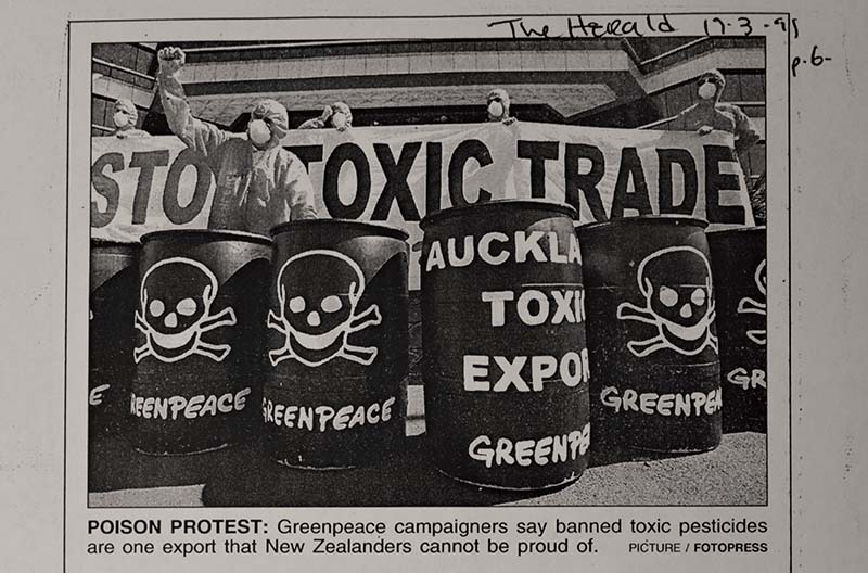March-April 1999 Greenpeace pickets Auckland regional council offices with mock toxic waste barrels and demands an end to toxic waste exports