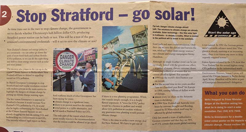 March 1995 Greenpeace works with students to highlight the dangers of climate change by putting up mock ‘road signs’ warning Danger-Climate Change