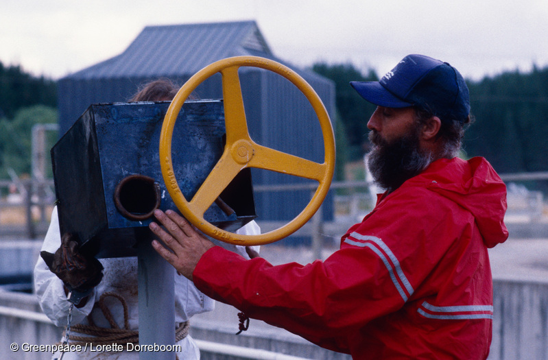 Greenpeace activists close down and lock onto the valves that control the discharge of toxic effluent from the Tasman pulp and paper factory in Kawerau into the Tarawera River