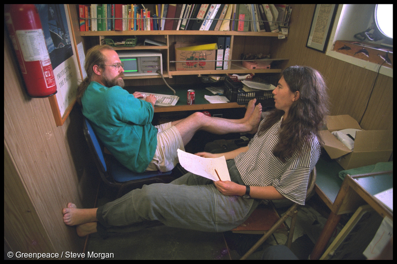 Greenpeace nuclear campaigners Steve Sawyer and Stephanie Mills on board SV Rainbow Warrior II en route to Moruroa in 1995