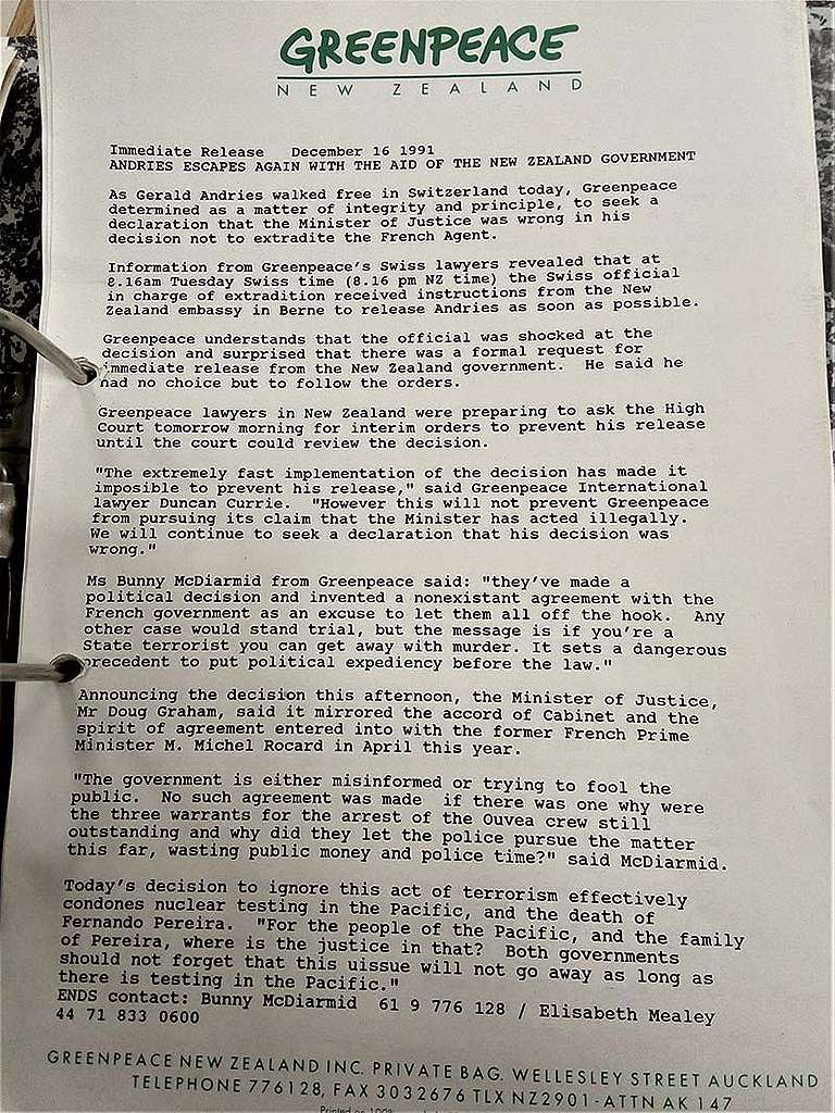 26 November - 16 December 1991 Swiss police arrest French Rainbow Warrior bomber Gerald Andries but NZ Govt refuses to extradite him so he walks free. Greenpeace NZ release 16 Dec 1991