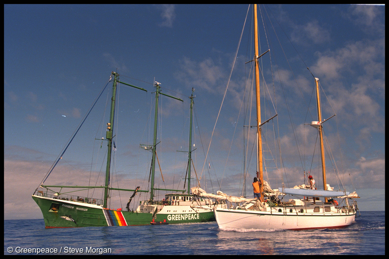 SV Vega (right) off Moruroa with SV Rainbow Warrior II: 