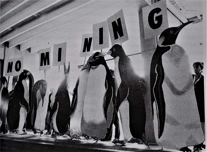 December 1990 - Greenpeace 'penguins' protest at outside the Antarctic minerals negotiations in Wellington in 1988