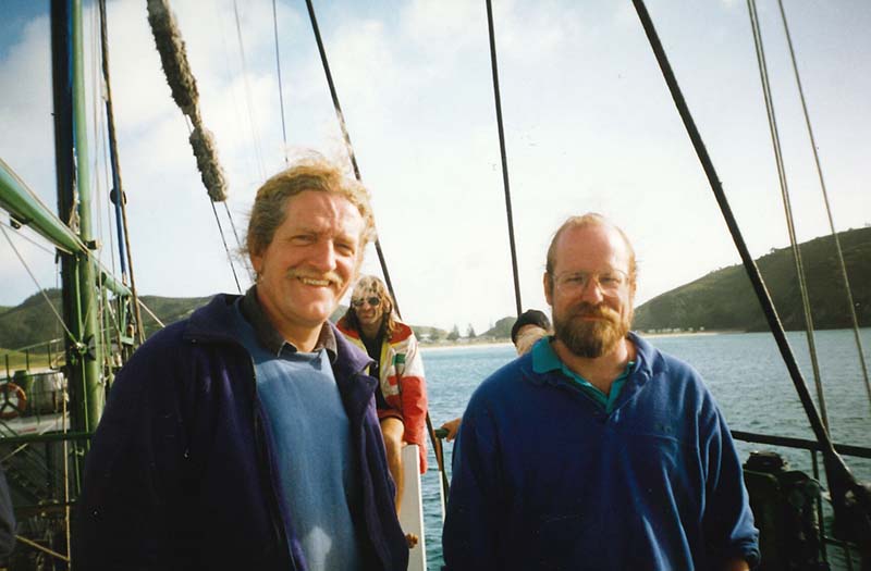 14 June 1995: Henk Haazen and Steve Sawyer on board SV Rainbow Warrior II in Matauri Bay before departing on the Greenpeace flagship to lead protest actions against the French Government's planned series of nuclear weapons tests at Moruroa Atoll in Te Ao Maohi/French Polynesia. Photo: Michael Szabo
