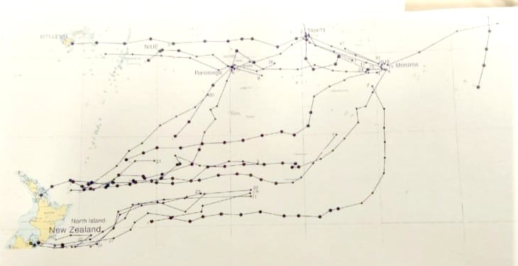 Map showing the routes taken by the various ‘Pacific Peace Flotilla’ boats sailing to Moruroa Atoll.