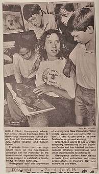 April 1994 Greenpeace Mana Tangata education liaison Nicola Easthope at Heretaunga Intermediate School during the Southern Ocean Whale Santuary tour