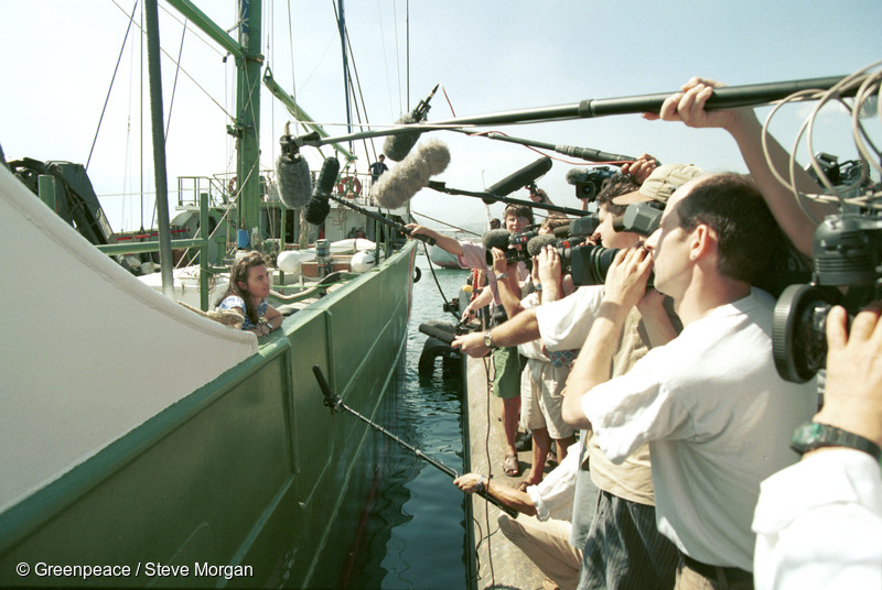 Greenpeace Nuclear Test Ban Campaigner Stephanie Mills on board SV Rainbow Warrior II speaking to news reporters in Papeete after the storming of the Rainbow Warrior by French warships and commandos