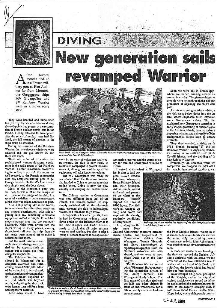 7 June 1996: SV Rainbow Warrior II promotes a fishing ban at the Poor Knights Islands. This article by Greenpeace photographer and marine biologist Dr Roger Grace set out the reasons why