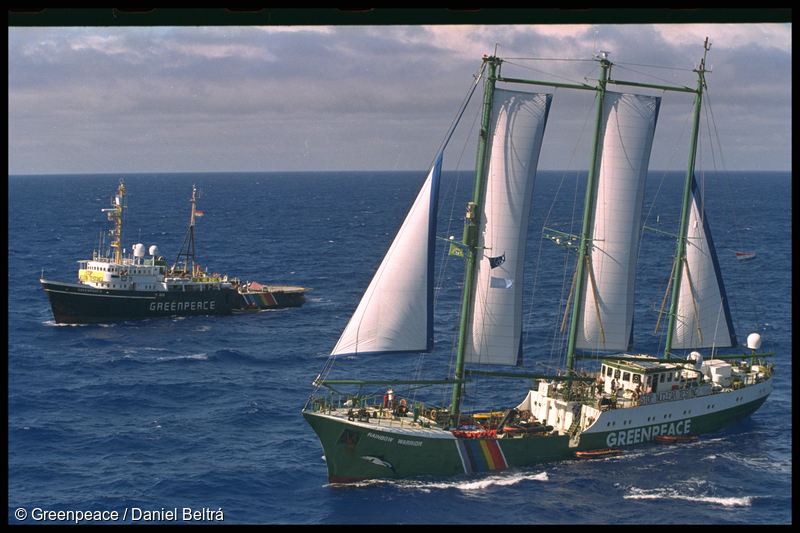 MV Greenpeace (left) and SV Rainbow Warrior II off Moruroa Atoll