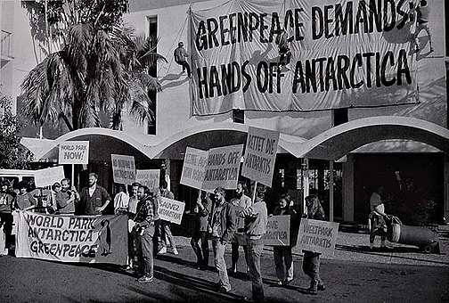 December 1990 - Greenpeace picket line outside the Antarctic minerals negotiations in Auckland in 1987. Photo by Steve Morgan