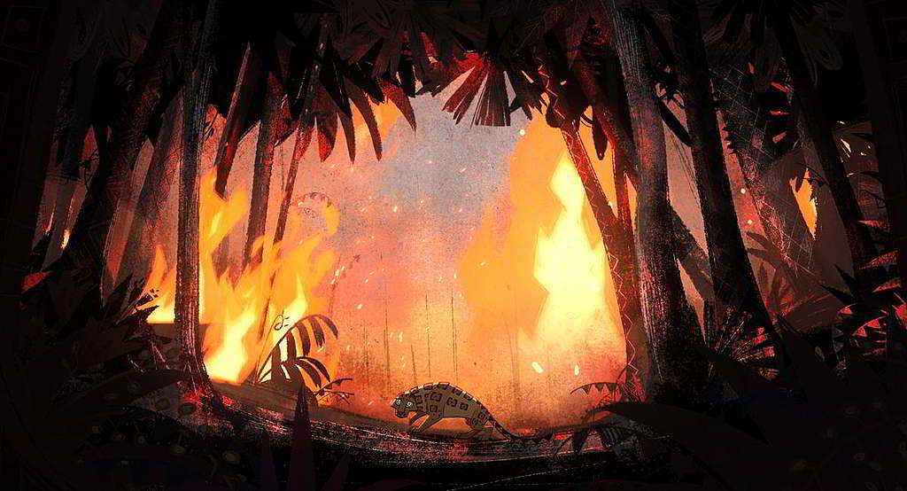 昔日森林家園火光熊熊,倖存的美洲豹只好向動畫主角小男孩求助。 © Greenpeace