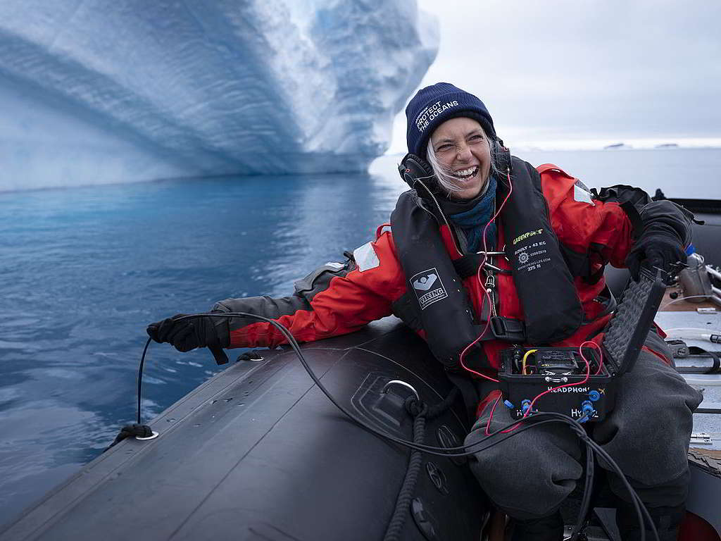 本文作者Kirsten Thompson率領科學團隊利用水底咪高峰（Hydrophone），聆聽鯨豚於冰川附近覓食與交朋結友時發出的獨特聲音。 © Abbie Trayler-Smith / Greenpeace
