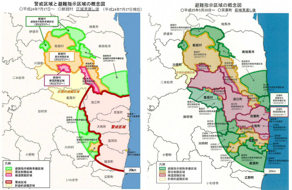 2012年7月(左圖)與2013年5月(右圖)強制撤離區的分區情形。資料來源:福島縣縣廳福島復興工作站