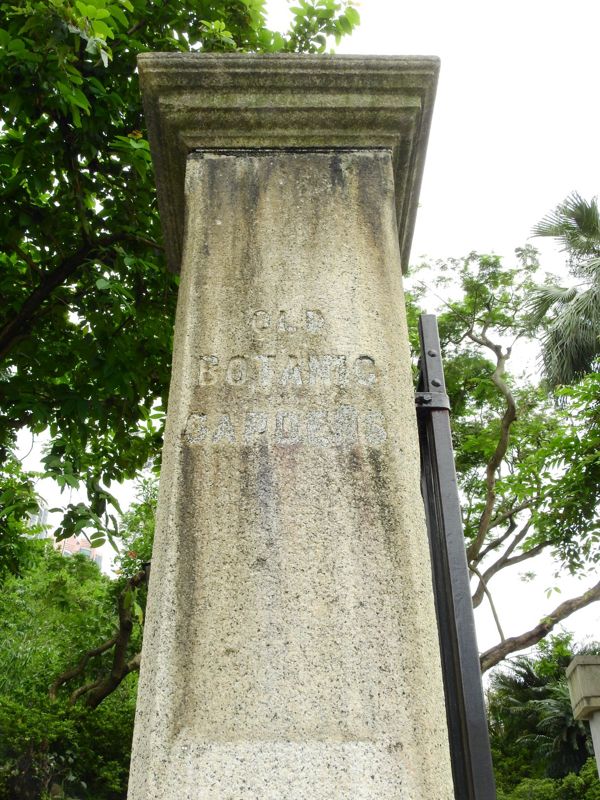 頭花園正門入口的麻石柱,刻著英文園名Old Botanic Gardens。© helen yip