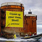 綠色和平2019年在Shell布蘭特油台的和平抗議行動。© Marten van Dijl / Greenpeace