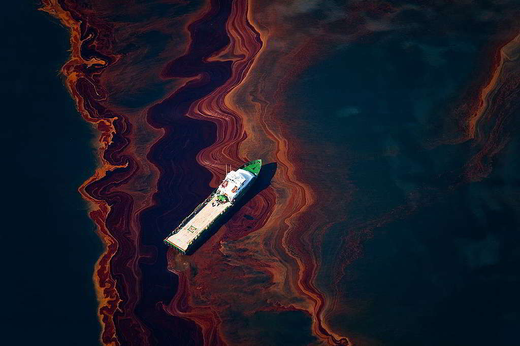 21：實地見證（Bearing Witness），同樣是綠色和平的核心價值，隨時應對突發災難與環境罪行，並因應情況成立小組派員跟進調查。2010年，英國石油公司的「深水地平線」（Deepwater Horizon）鑽油平台在墨西哥灣爆炸，造成11名工人罹難，洩漏多達400萬桶原油；綠色和平攝影師從高空記錄一片「油海」，以震撼畫面告誡能源轉型之必要。 © Daniel Beltrá / Greenpeace