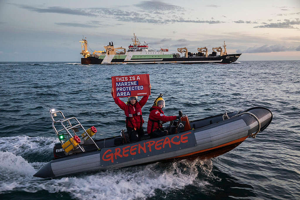 綠色和平英國辦公室正展開Ocean Witness行動，巡航南岸白禮頓外海，促請英國政府加強保障海洋保護區免除工業捕魚威脅。 © Andrew McConnell / Greenpeace