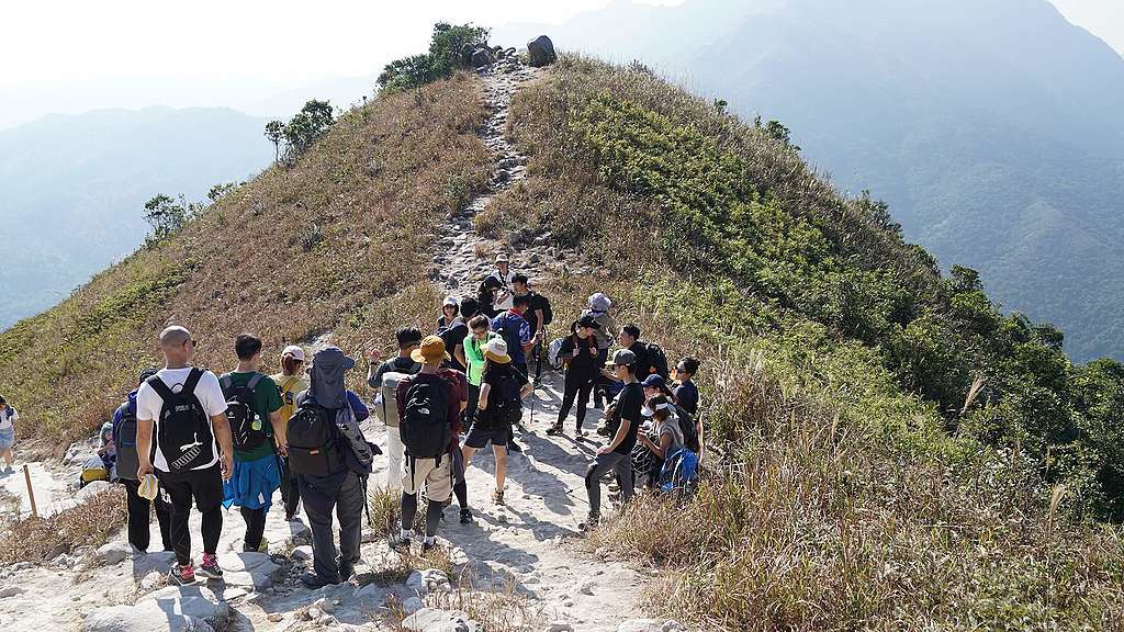 登山中途，由綠色和平項目主任Sion講解明日大嶼的選址，並解答參加者對大嶼山周邊現行發展項目的問題。© Greenpeace