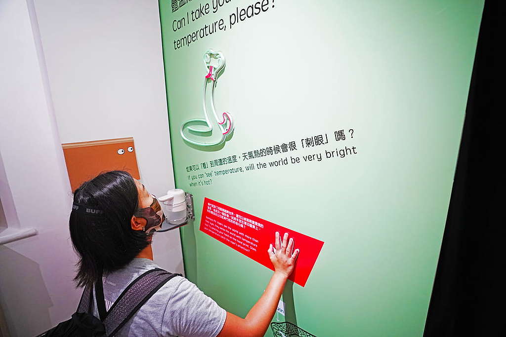 青竹蛇的獨特結構可以探測外界的溫度,小朋友可把手放在感應器上,如果青竹蛇感應到還會發光呢。 © ABCAT / Greenpeace