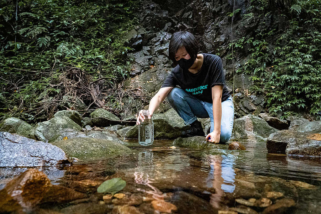 綠色和平塑膠項目主任譚穎琳親身收集水樣本，完成全港首個郊野溪流微塑膠調查。 © Greenpeace / Chilam Wong