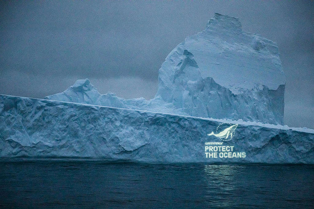 2020年綠色和平守護海洋之旅的光影行動,在南極南奧克尼群島(South Orkney Islands)呼籲推動《全球海洋公約》。© Andrew McConnell / Greenpeace