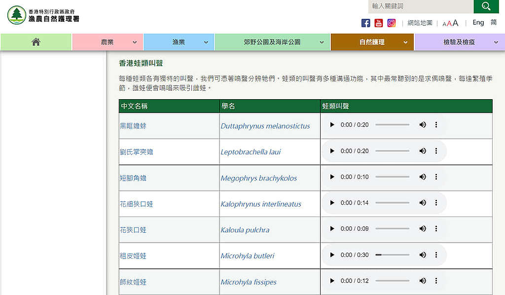 漁護署網頁不單有香港雙棲類的介紹，還有多類蛙類的叫聲紀錄。 © 漁護署網頁