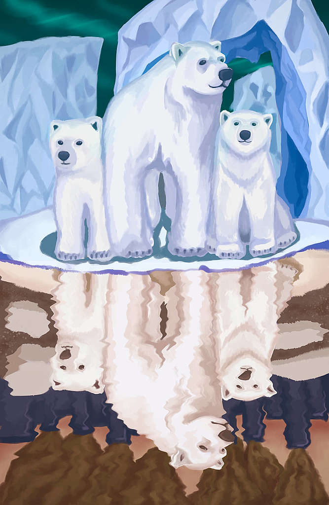 張珈嵐小朋友作品 - 上半部份是北極熊的理想生存環境，而下半部份是水中倒影，但當中的場景卻與上截然不同：工業排放的廢氣加速地球暖化，破壞北極熊棲息地。 © Greenpeace